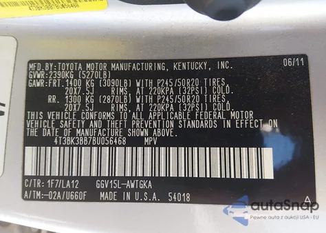 2011 Toyota Venza Base V6 из США, поврежденный, VIN 4T3BK3BB7BU056468